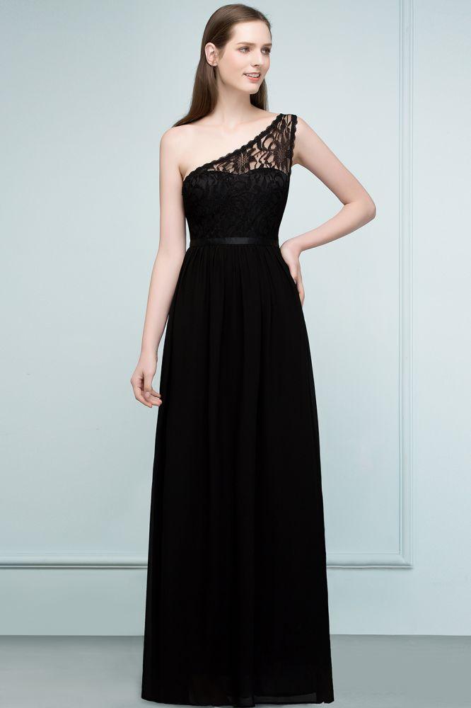 Floor Length Lace Chiffon A-line One-shoulder Bridesmaid Dresses with Sash