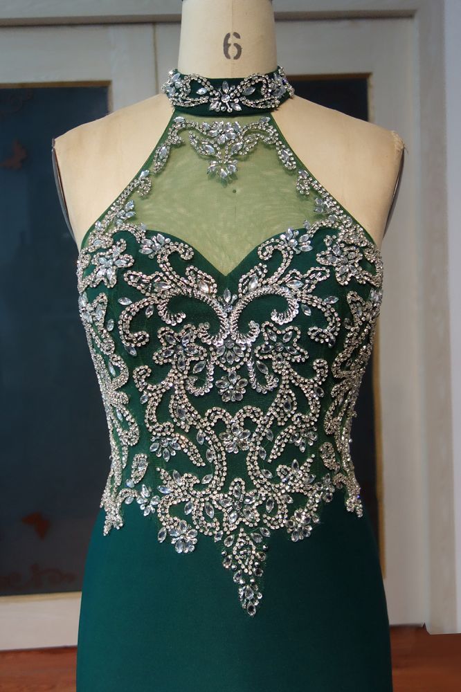 Bodenlange Meerjungfrau Neckholder Kristall Perlen Ballkleider