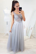 Bodenlanges ärmelloses Perlenbesetztes Tüll-Ballkleid, langes Abschlussballkleid PM222