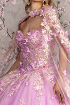 Floral Applique Cape Sleeve Ball Gown by GLS Gloria GL3467