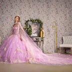 Floral Applique Cape Sleeve Ball Gown by GLS Gloria GL3467