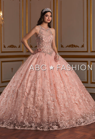Vestido de quinceanera com aplicações florais e ilusão da House of Wu 26935