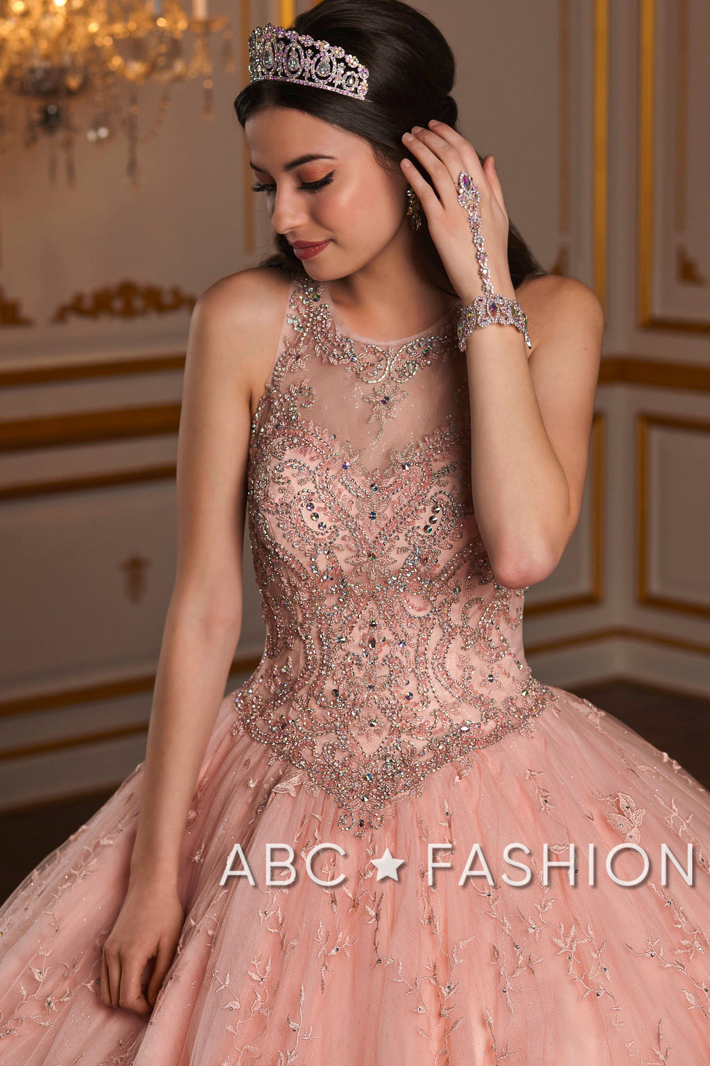 Floral Applique Illusion Quinceanera Dress by House of Wu 26935