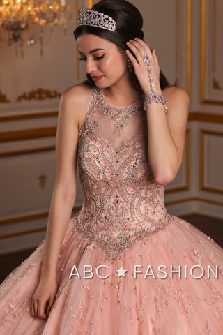 Vestido de quinceanera com aplicações florais e ilusão da House of Wu 26935