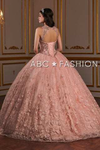 Vestido de quinceanera com aplicações florais e ilusão da House of Wu 26935