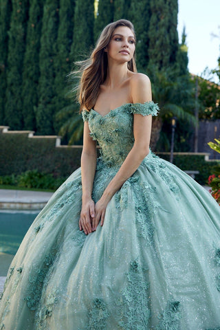 Schulterfreies Ballkleid mit Blumenapplikation von Juliet 1445