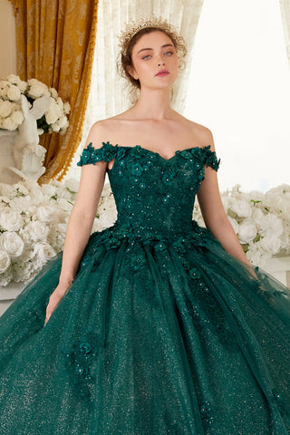 Schulterfreies Ballkleid mit Blumenapplikation von Ladivine 15702