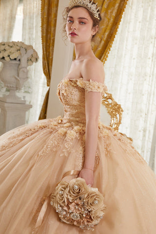 Schulterfreies Ballkleid mit Blumenapplikation von Ladivine 15702