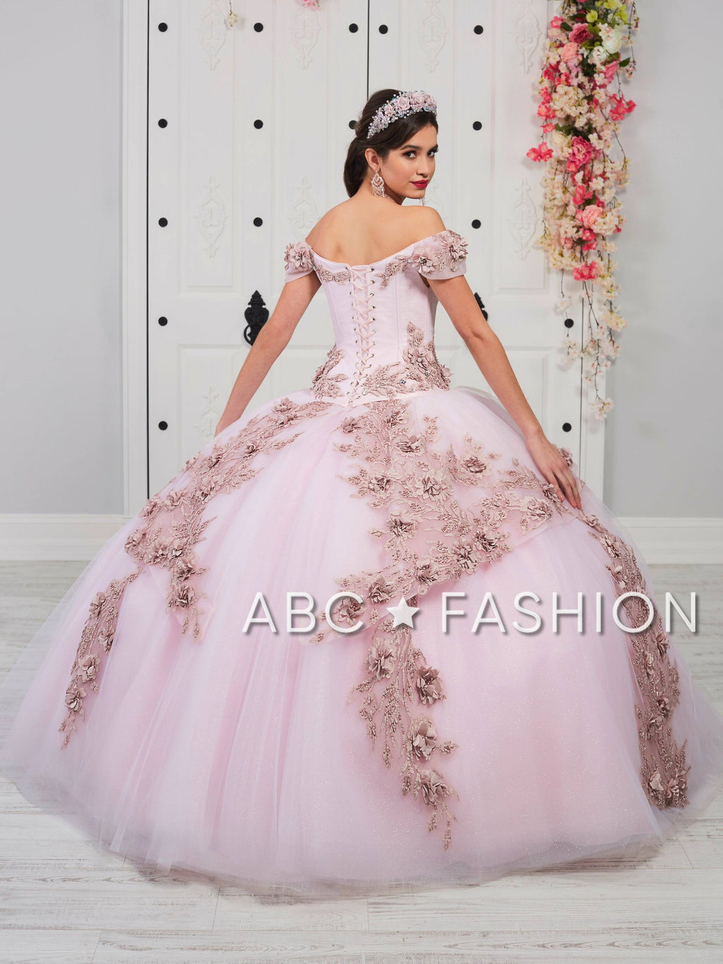 Floral Applique Off Shoulder Quinceanera Dress by LA Glitter 24054