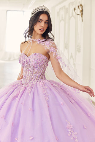 Trägerloses Ballkleid mit Blumenapplikation und Cape von Ladivine 15723