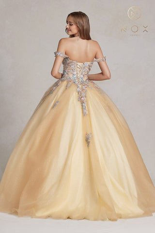 Schulterfreies Ballkleid mit Blumenstickerei von Nox Anabel JU809