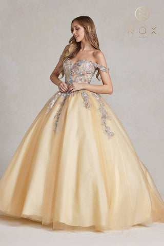 Schulterfreies Ballkleid mit Blumenstickerei von Nox Anabel JU809