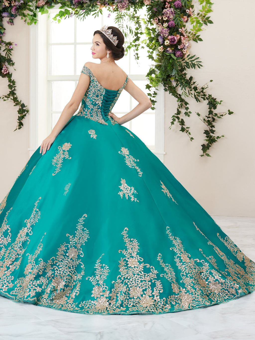 Floral Glitter V-Neck Quinceanera Dress by House of Wu 26956