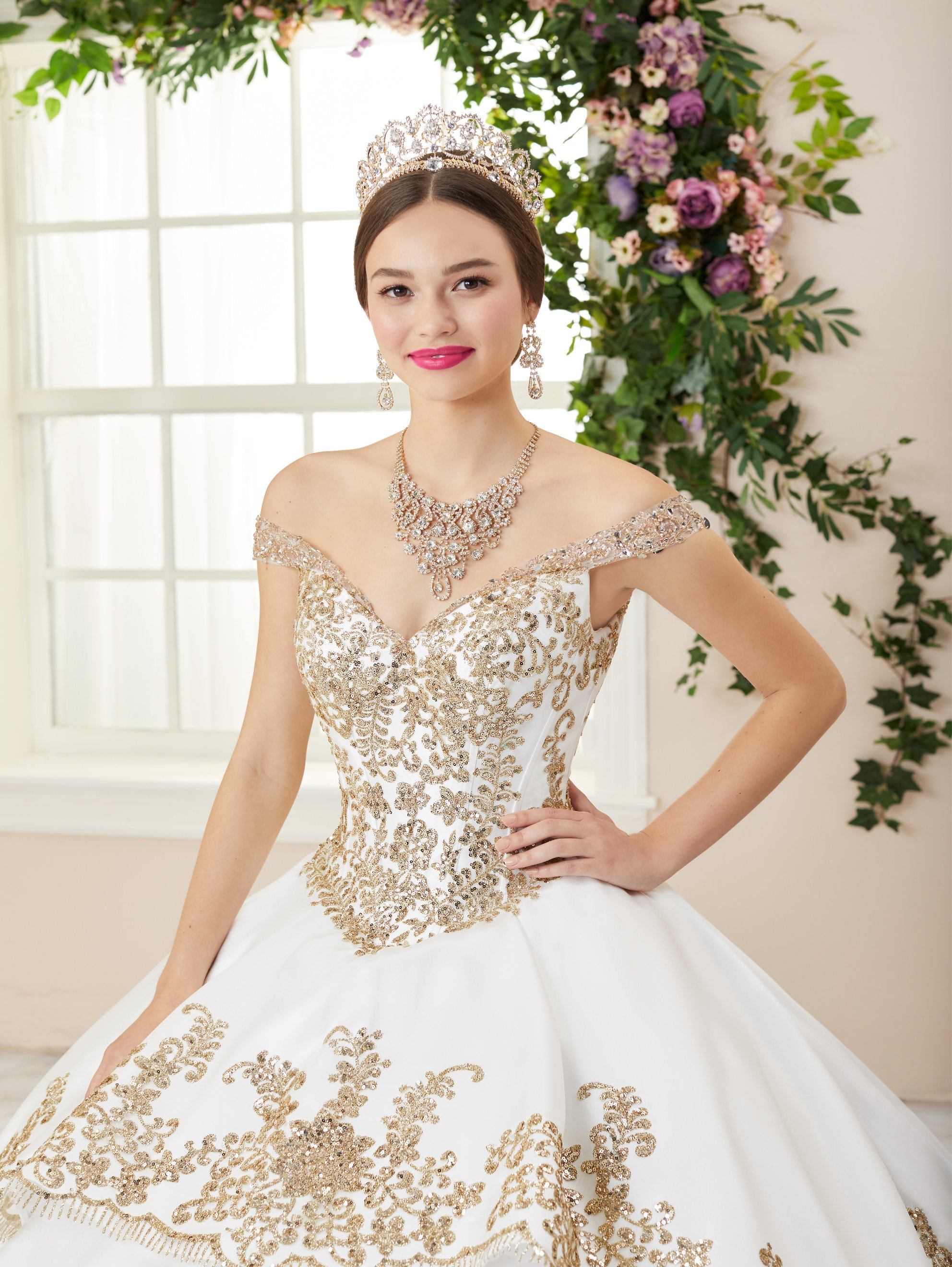 Floral Glitter V-Neck Quinceanera Dress by House of Wu 26956