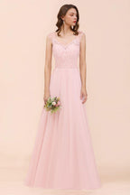 Floral Lace Bridesmaid Dress Pink A-line Wedding Party Dress