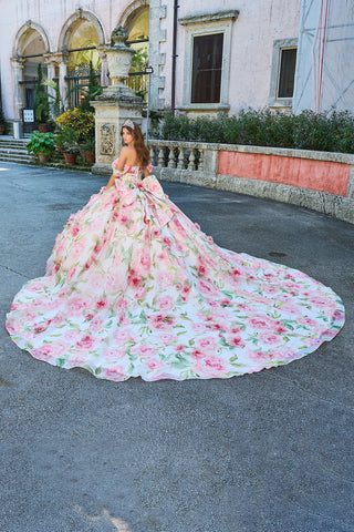 Vestido de quinceanera com estampado floral e ombros à mostra da Amarra 54214