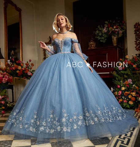 Quinceanera-Kleid mit Blumenmuster und Puffärmeln von Ragazza EV16-616