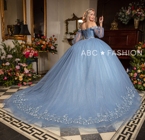 Quinceanera-Kleid mit Blumenmuster und Puffärmeln von Ragazza EV16-616