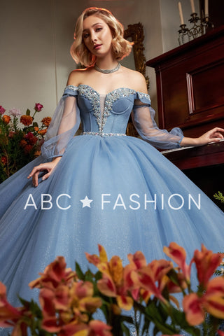 Quinceanera-Kleid mit Blumenmuster und Puffärmeln von Ragazza EV16-616