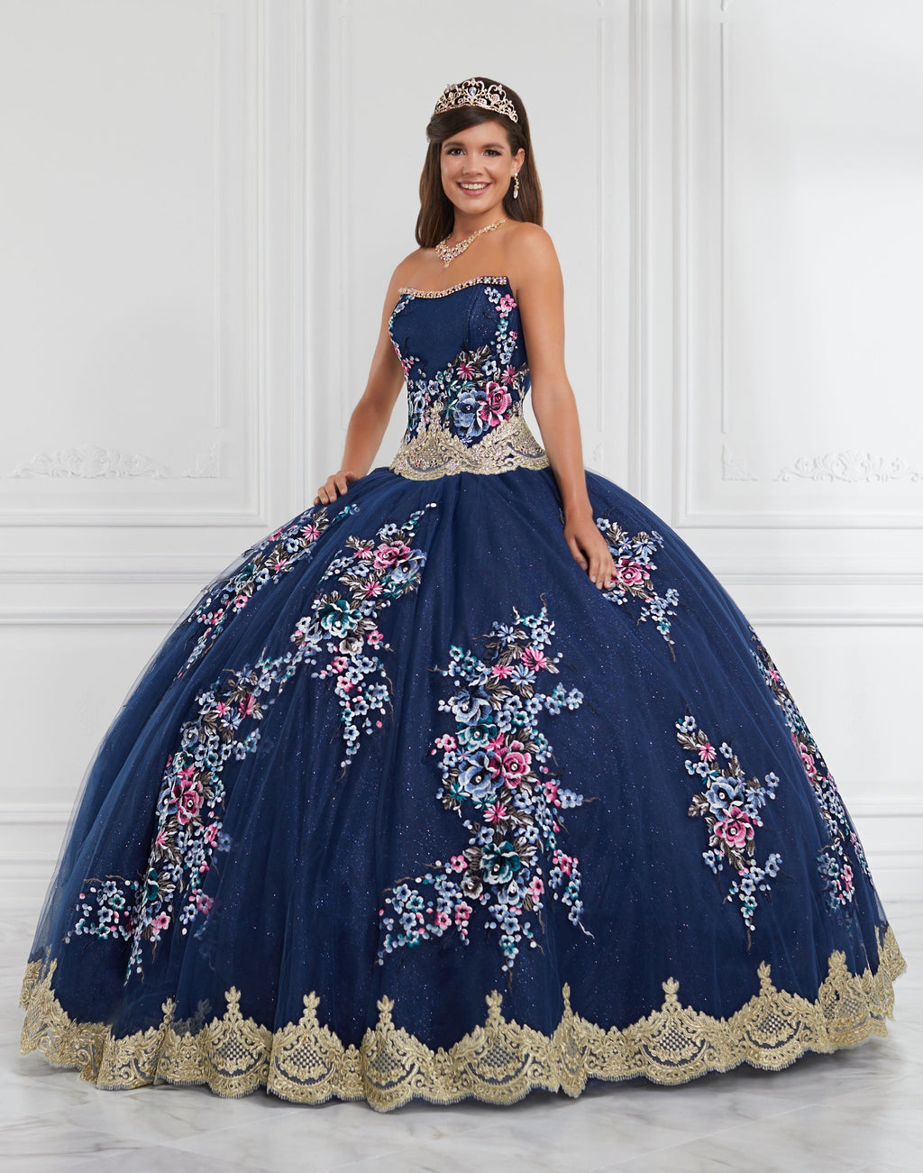 Vestido floral de quinceanera com alças amovíveis da LA Glitter 24067
