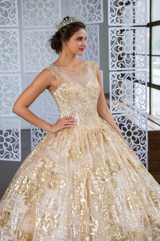 Quinceanera-Kleid mit floralem Pailletten-Illusion von Calla KY77239