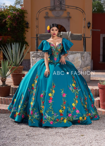 Quinceanera-Kleid mit Blumenmuster und kurzen Ärmeln von Ragazza MV43-143