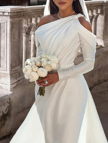 Formelle Brautkleider Zweiteilige One-Shoulder-Langarm-Bodenlänge Satin Brautkleider mit Schärpe / Band Perlen