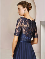 Vestido tubinho/coluna para mãe da noiva, festa de casamento, elegante, decote redondo, comprimento chá, cetim, renda, manga curta com laço(s), pregas, apliques