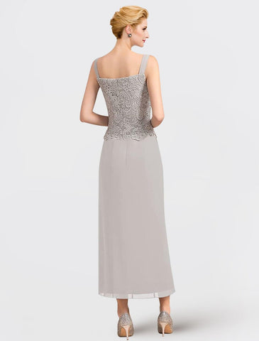 Zweiteiliges Kleid für die Mutter der Braut, formelle Hochzeitsgäste, elegant, quadratischer Ausschnitt, knöchellang, Chiffon, Spitze, ärmellos, Wickelkleid inklusive Applikationen
