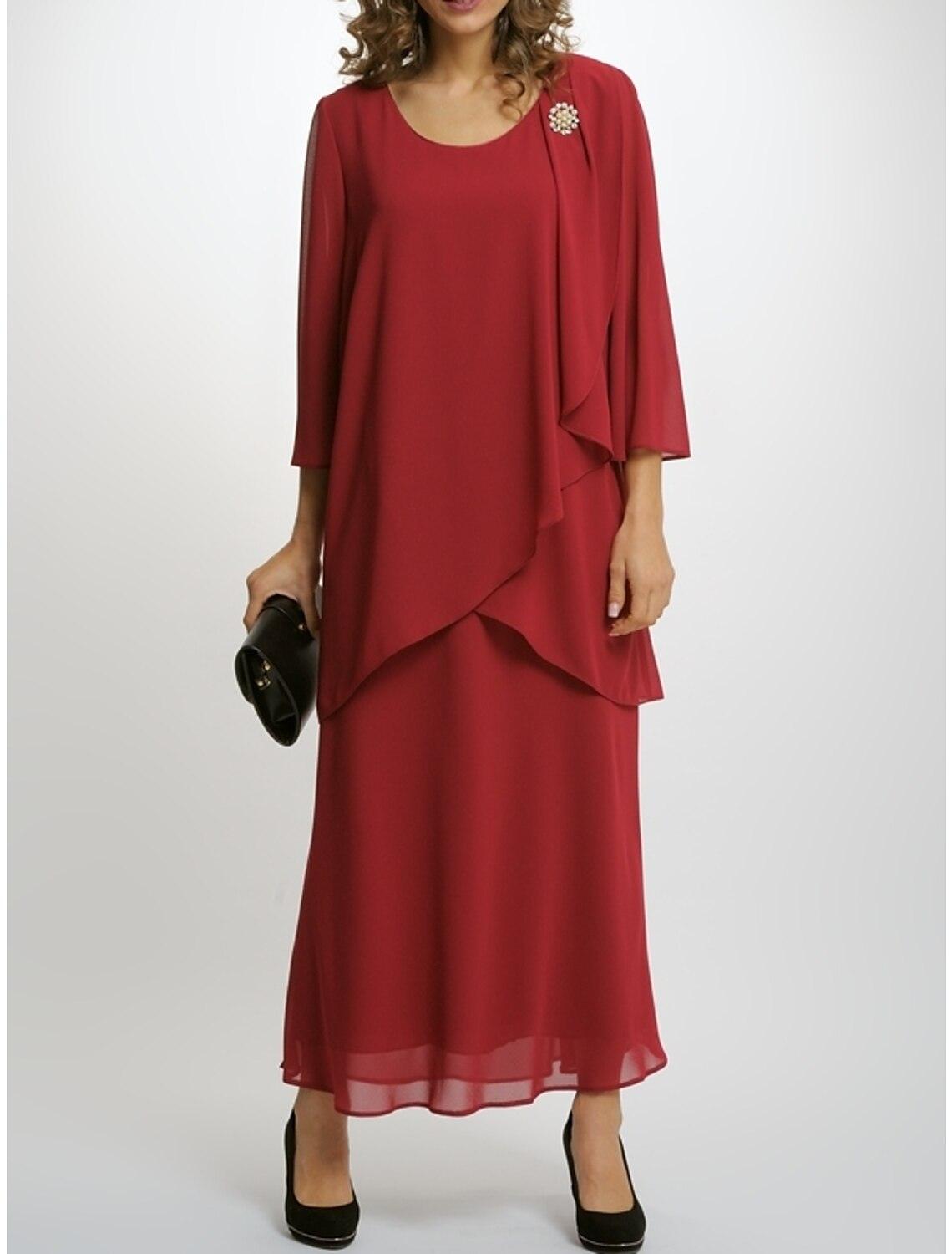 Vestido de festa para mãe da noiva, estilo tubo/coluna, simples e elegante, decote redondo, comprimento até ao tornozelo, chiffon, manga 3/4 com pregas, pregadeira em cristal