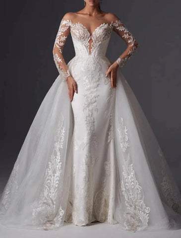 Verlobungs- und formelle Herbst-Brautkleider, Meerjungfrau/Trompete, schulterfrei, langärmlig, Hofschleppe, Satin, kirchliche Brautkleider mit Applikationen, einfarbig, Sommer-Hochzeitsfeier