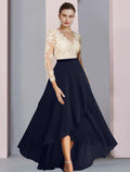 Etuikleid/Säulenkleid für die Brautmutter, Hochzeitsgast, Party, elegant, V-Ausschnitt, asymmetrisch, Chiffon, Spitze, lange Ärmel mit Falten, Farbblock