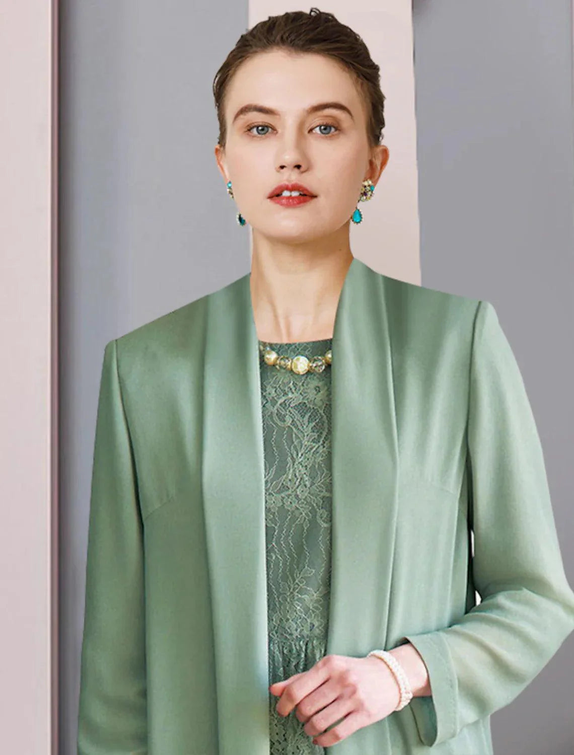 Vestido de mãe da noiva de duas peças, bainha/coluna, formal, para festa de casamento, elegante, decote redondo, comprimento chá, chiffon, renda, manga 3/4, vestidos casaco com cor sólida