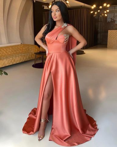 Front Split One Shoulder Long A-line Prom Dress With Beadings