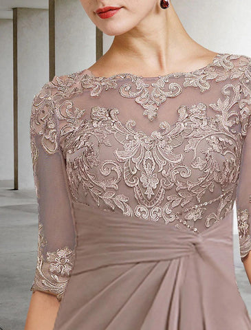 Etuikleid/Säulenkleid für die Brautmutter, Herbstkleid für Hochzeitsgäste, Übergröße, elegant, Rundhalsausschnitt, bodenlang, Chiffon, Spitze, kurze Ärmel mit Applikationen, seitlich drapiert