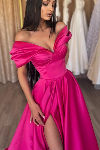 Fuchsia A-Linie Langes, schulterfreies Satin-Abendkleid mit Schlitz