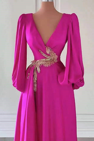 Fuchsia Long Sleeves Chiffon A-Line V-Neck Prom Dress with Slit
