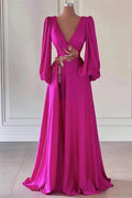 Vestido de Fiesta A-Line de Chiffón Fucsia con Mangas Largas, Escote en V y Abertura