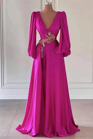 Fuchsia Long Sleeves Chiffon A-Line V-Neck Prom Dress with Slit