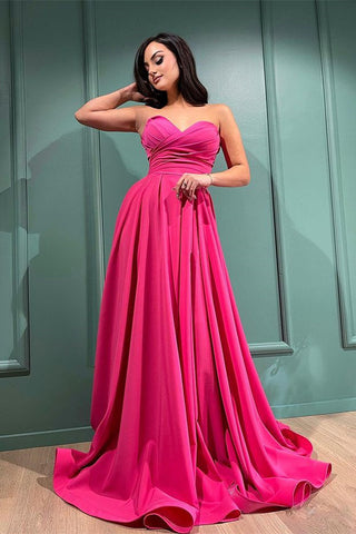 Fuchsia Long Sweetheart Satin A-Line Prom Dresses with Split