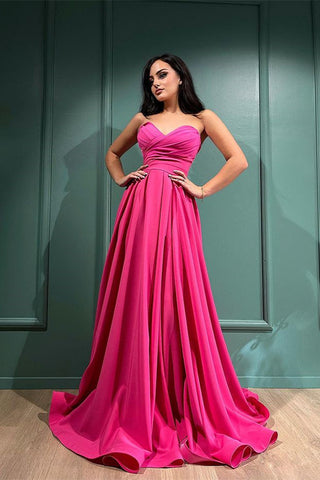 Fuchsia Long Sweetheart Satin A-Line Prom Dresses with Split