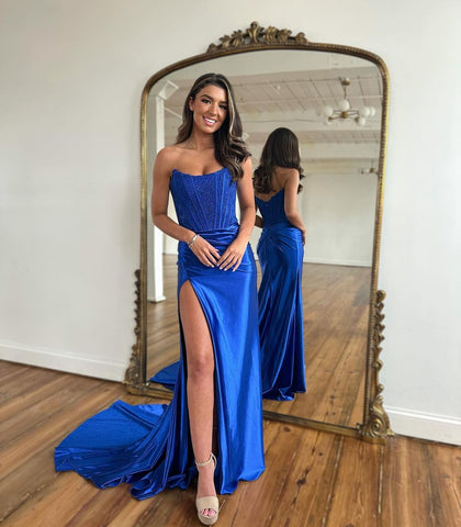 Fuchsia Mermaid Long Strapless Sleeveless Appliques Lace Prom Dress with Slit