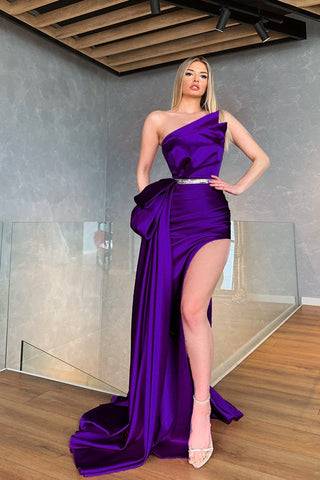 Fuchsia Long Mermaid One Shoulder Satin Prom Dress with High Slit