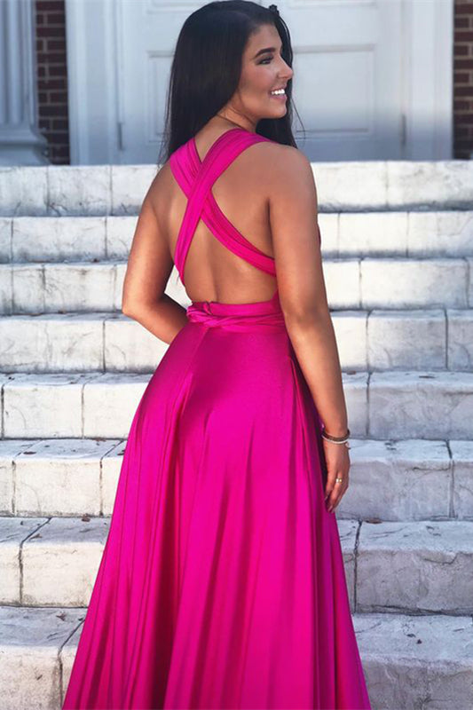 Fuchsia Long Chiffon Sleeveless V-Neck A-Line Prom Dress with Split