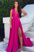 Vestido de Fiesta Largo de Chiffon Fuchsia Sin Mangas con Escote en V y Corte A-Line con Abertura