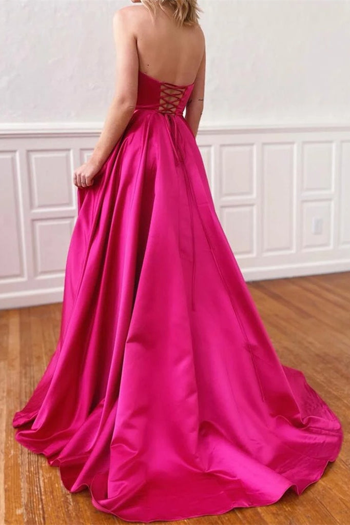 Fuchsia Long A-line Strapless Satin Front Slit Prom Dress with Pockets