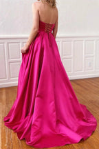 Fuchsia Long A-line Strapless Satin Front Slit Prom Dress with Pockets