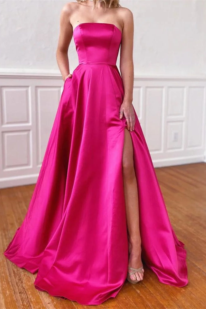 Fuchsia Long A-line Strapless Satin Front Slit Prom Dress with Pockets