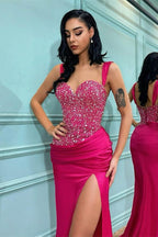 Fuchsia Long Satin Sequin Straps Mermaid Prom Dress with Split