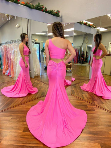 Fuchsia Zweiteiliges Meerjungfrau-Abschlussballkleid mit einer Schulter, lang, formelle Abschluss-Abendkleider